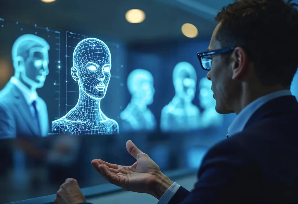 Ejecutivo analizando datos de IA con rostros virtuales, destacando la interacción entre inteligencia artificial y análisis humano.