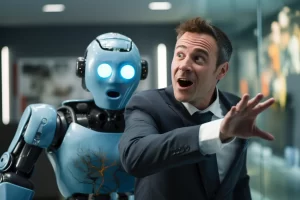 Robot y humano trabajando en equipo y sonriendo, reflejando la colaboración entre humanos e inteligencia artificial.