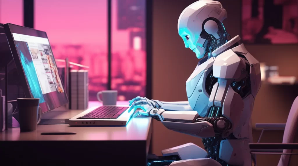 Robot futurista programando frente a una laptop, ilustrando el avance de la inteligencia artificial en tareas tecnológicas.