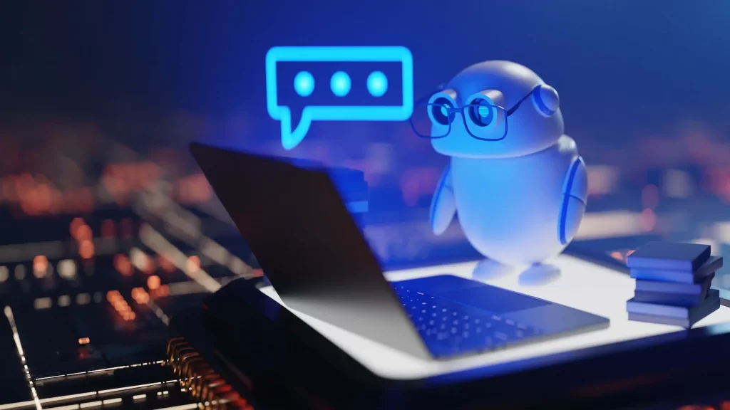 Illustration of an AI assistant chatting with a laptop