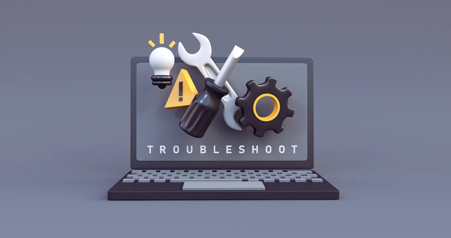 Iconos de herramientas y engranaje sobre una laptop con el texto troubleshoot, concepto de solución de problemas de seguridad web.