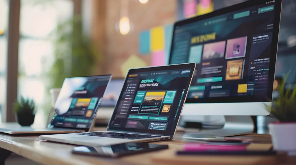 Screens displaying dashboards and website prototypes.