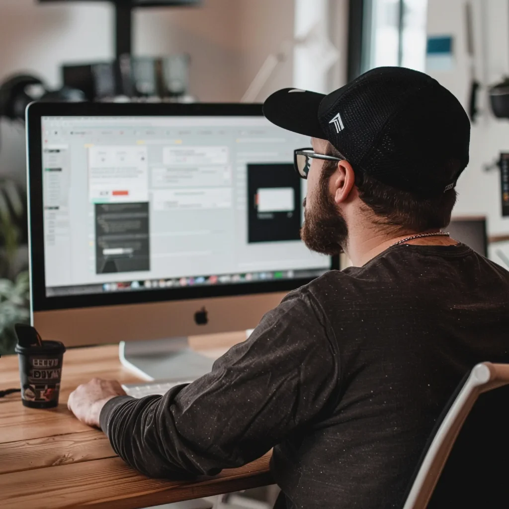 Designer working on a computer with web design interface.