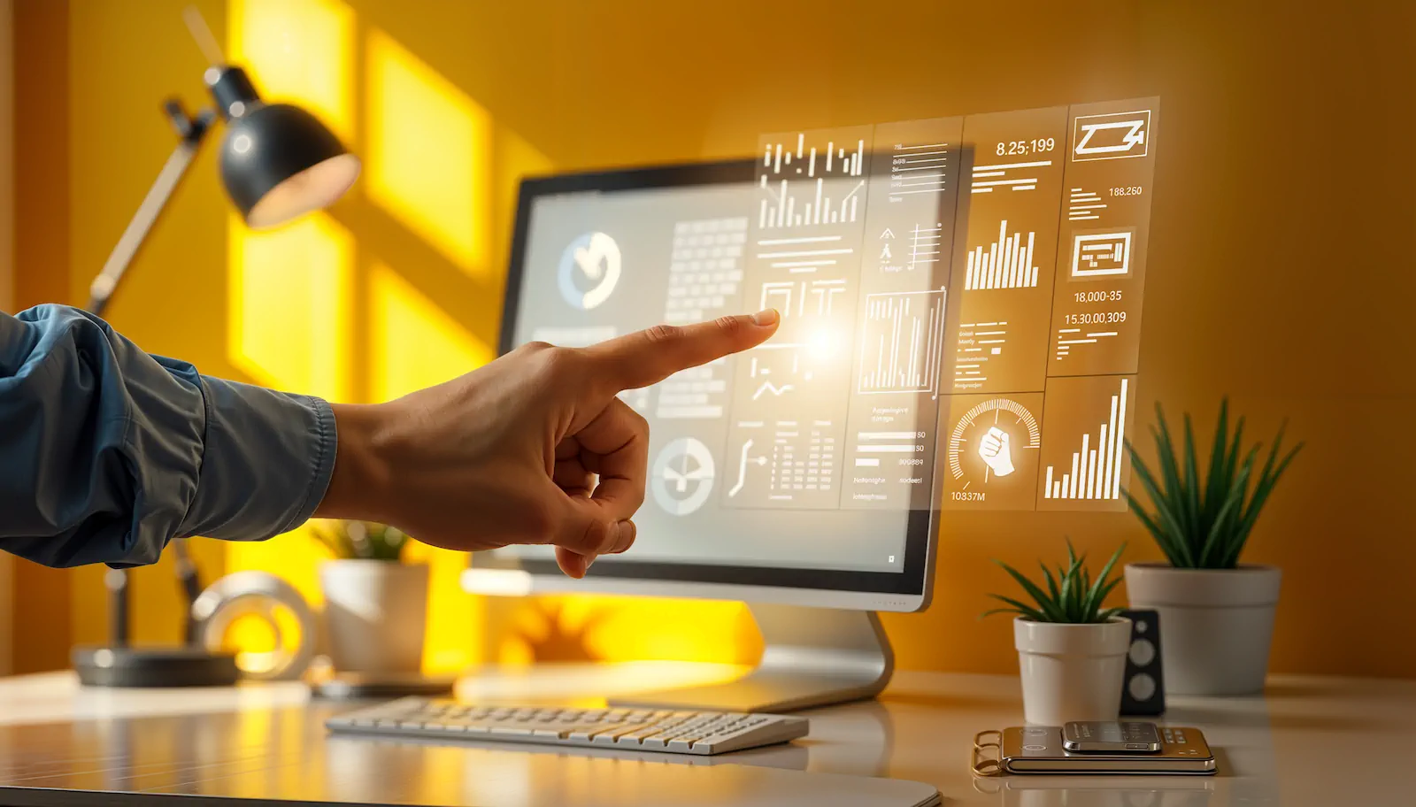 Mano señalando gráficos digitales en pantalla, representando análisis de sitios web.