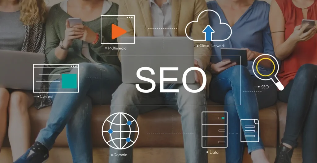 Screen with the word SEO and digital graphics representing search visibility.