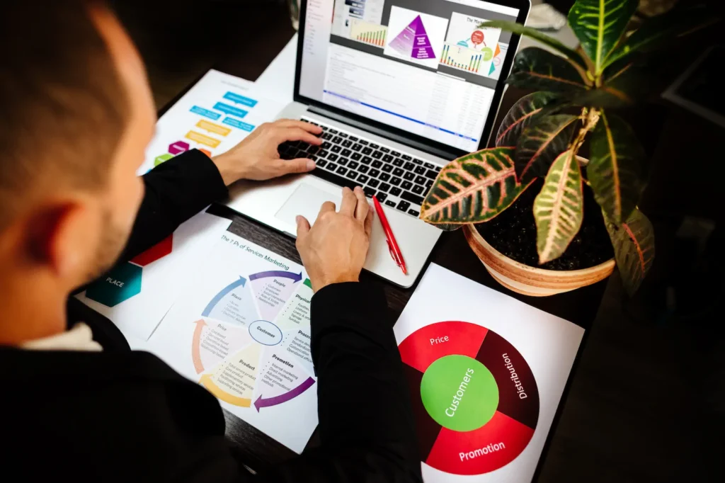 Marketing funnel and SEO analysis on a laptop with charts.