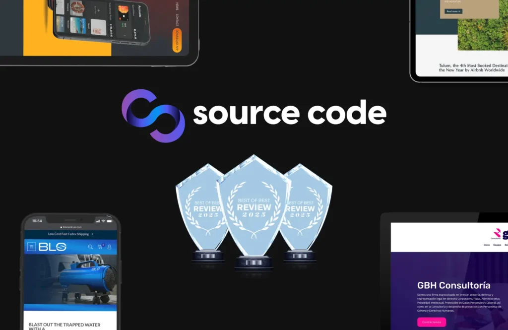 Logotipo de Source Code junto a tres trofeos del reconocimiento Best Of Best Reviews 2025 como Mejor Agencia de Diseño Web en la Ciudad de México.