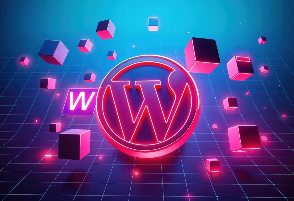 Logo de WordPress en neón representando optimización de velocidad y performance en sitios WordPress.