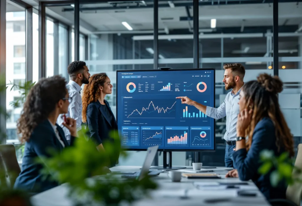 A multidisciplinary team reviewing charts and web performance results in a conference room.