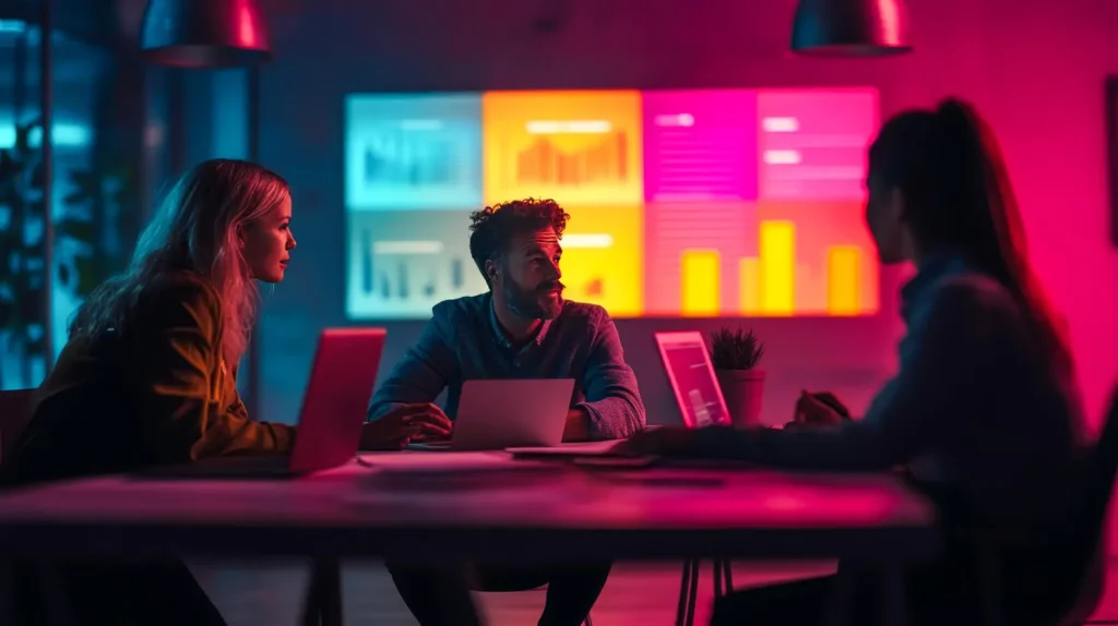 Equipo de una agencia de desarrollo web analizando dashboards y métricas digitales en un entorno creativo.