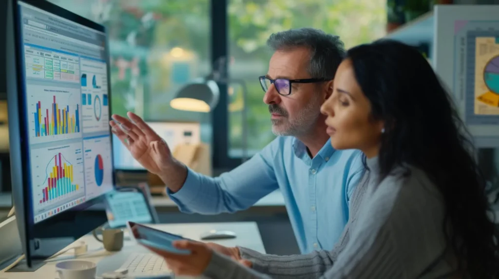 Digital consultants analyzing client needs and proposing strategic web solutions.