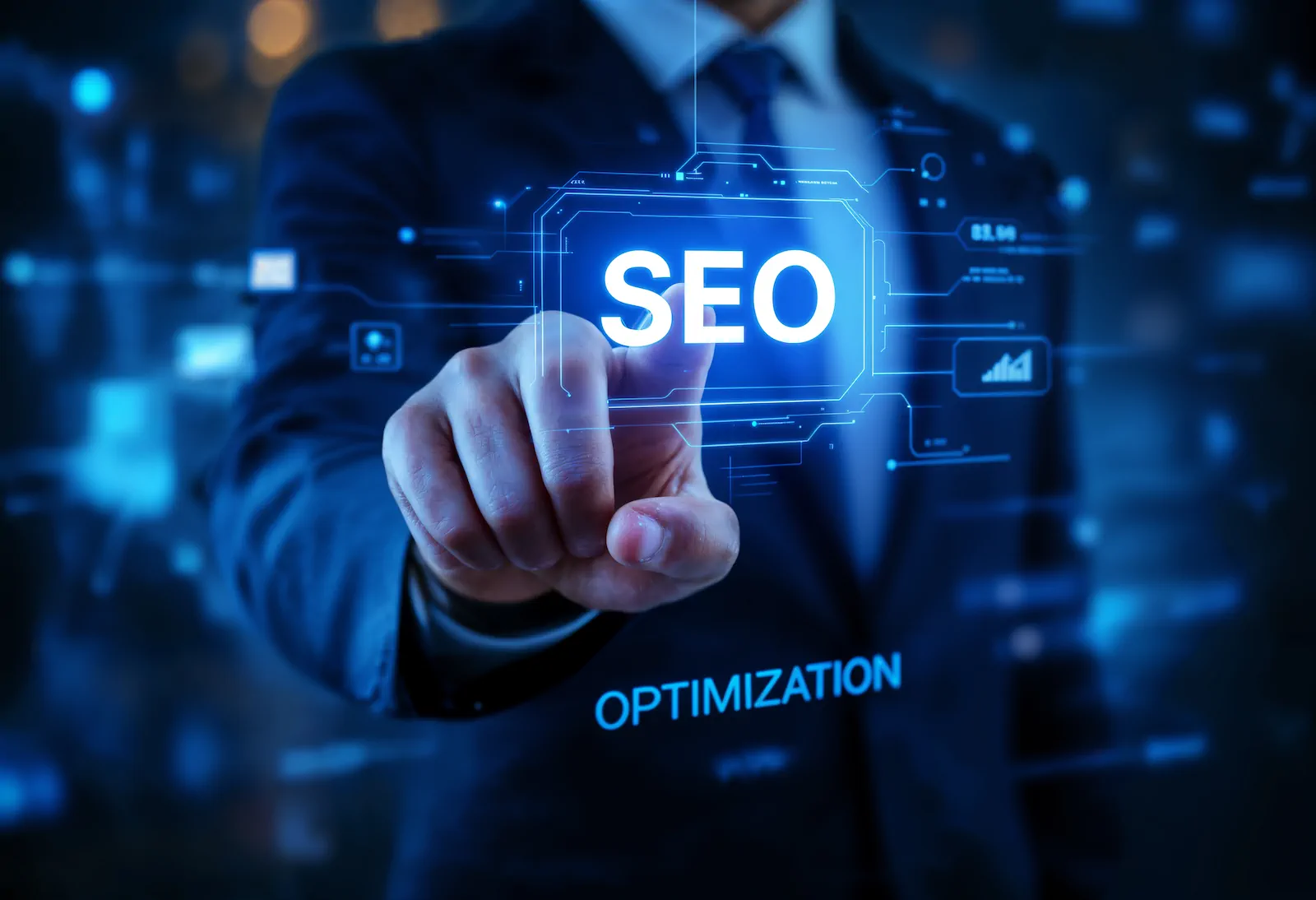 Especialista señalando interfaz holográfica con texto SEO optimization