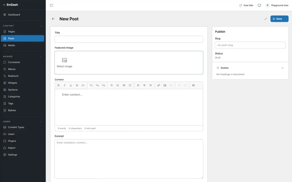 Editor de contenido tipo WordPress con campos de texto y bloques para blog