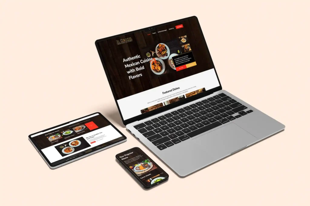 Web de restaurante mexicano en portátil, tablet y móvil