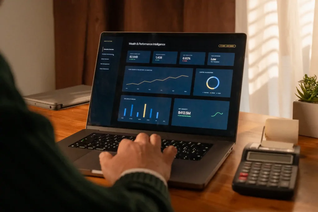 Persona usando portátil con panel financiero y gráficos