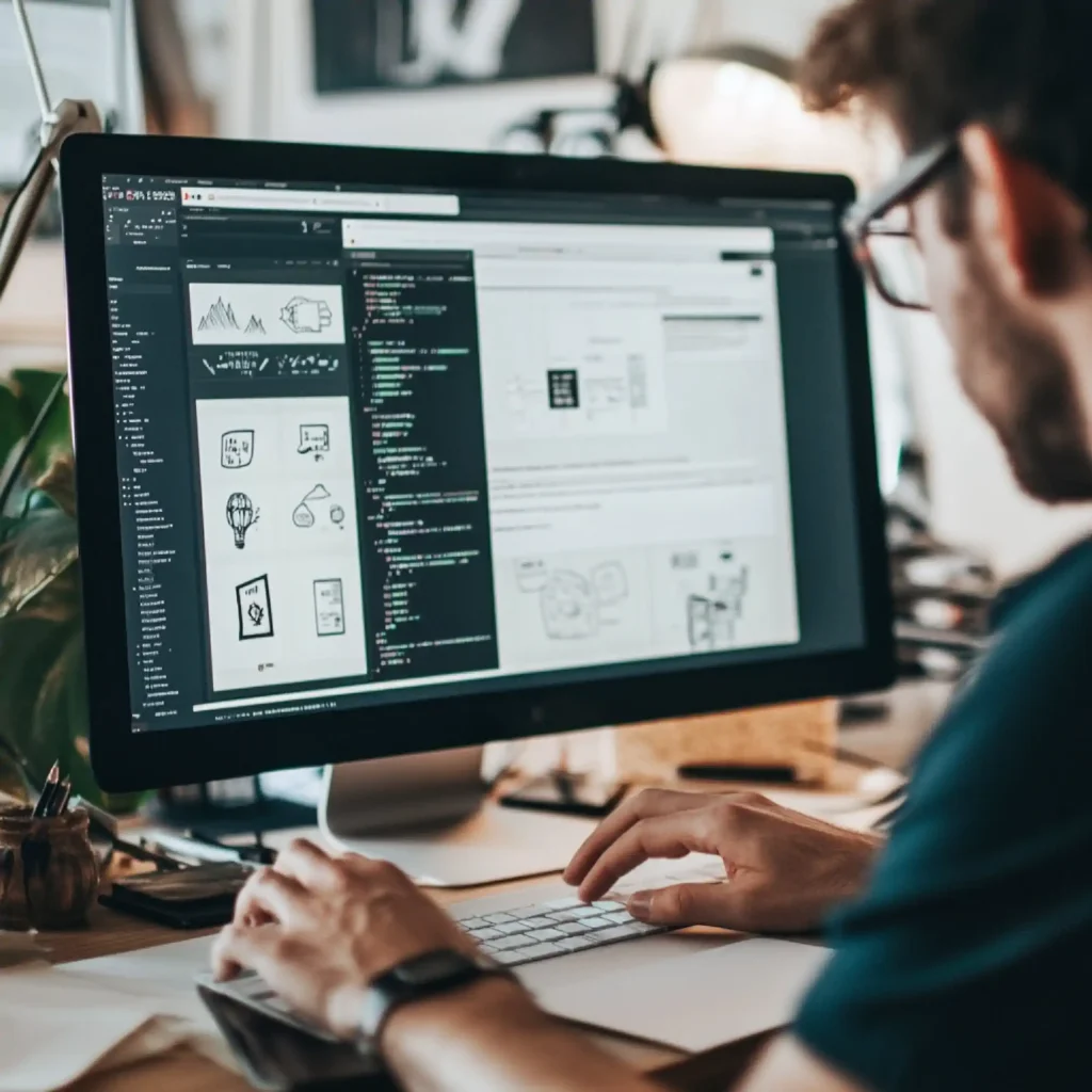 Diseñador programando una interfaz web en ordenador de escritorio