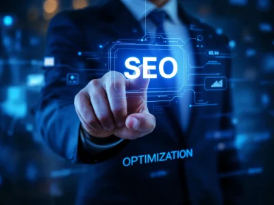 Especialista señalando interfaz holográfica con texto SEO optimization
