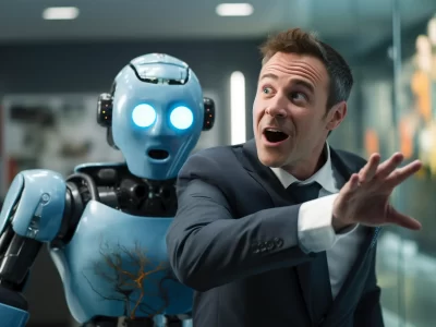 Robot y humano trabajando en equipo y sonriendo, reflejando la colaboración entre humanos e inteligencia artificial.