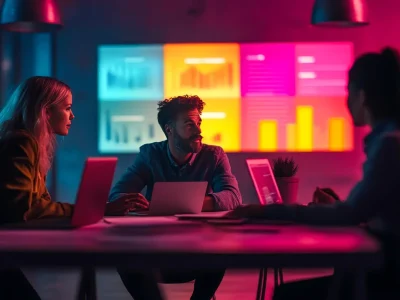 Equipo de una agencia de desarrollo web analizando dashboards y métricas digitales en un entorno creativo.