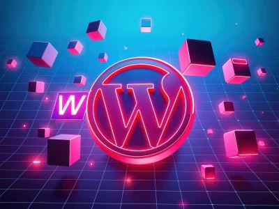 Logo de WordPress en neón representando optimización de velocidad y performance en sitios WordPress.